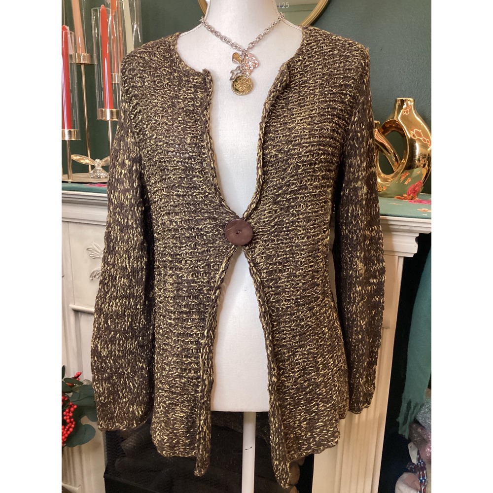 Chico's‎ Brown Gold Metallic Open Knit Cardigan Size 2 Single Button